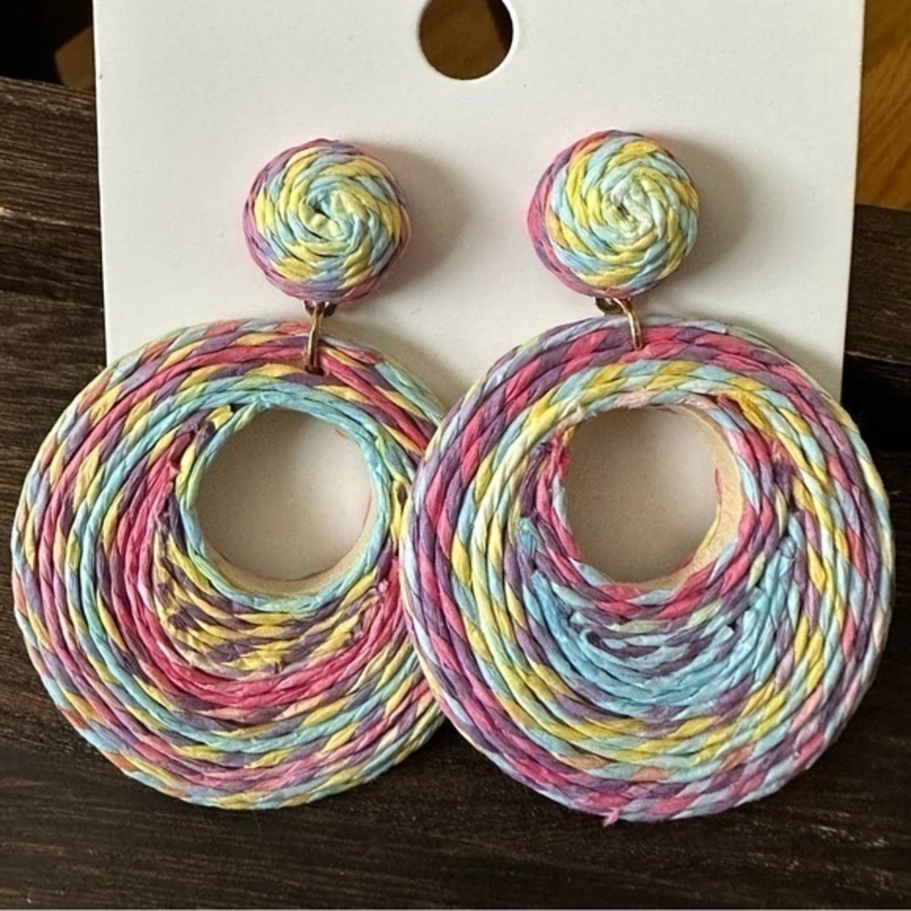 Boho Raffia Hoop Earrings Rainbow Pastel Colors It#WR